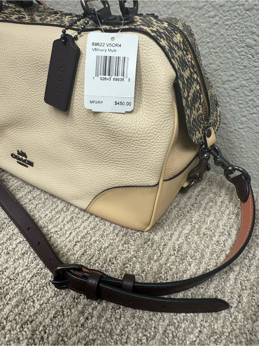 Coach Beige Lane Satchel in Colorblock with Snake Skin Accents